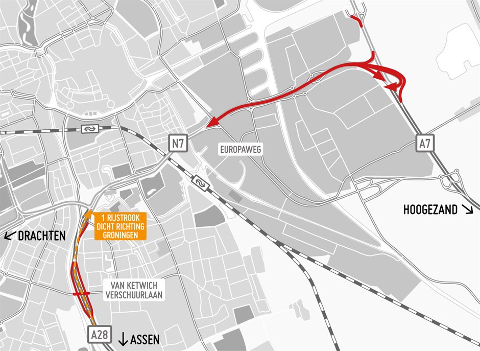 De afsluitingen deze zomer aan de oostzijde van de ringweg en bij de A28. Plattegrond: Groningen Bereikbaar.