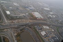 De toekomstige oprit en afrit bij de voormalige Lübeckweg vanuit de lucht. Foto: Rijkswaterstaat