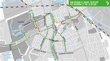 In deze kaart zijn alle open en afgesloten fietsverbindingen te zien. De situatie voor fietsers blijft zo tot zaterdag 27 mei 19.00 uur. Afbeelding: Groningen Bereikbaar