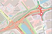 In het rood de afsluiting. In het groen de routes die nog wel open zijn voor automobilisten. Afbeelding: OpenstreetMap